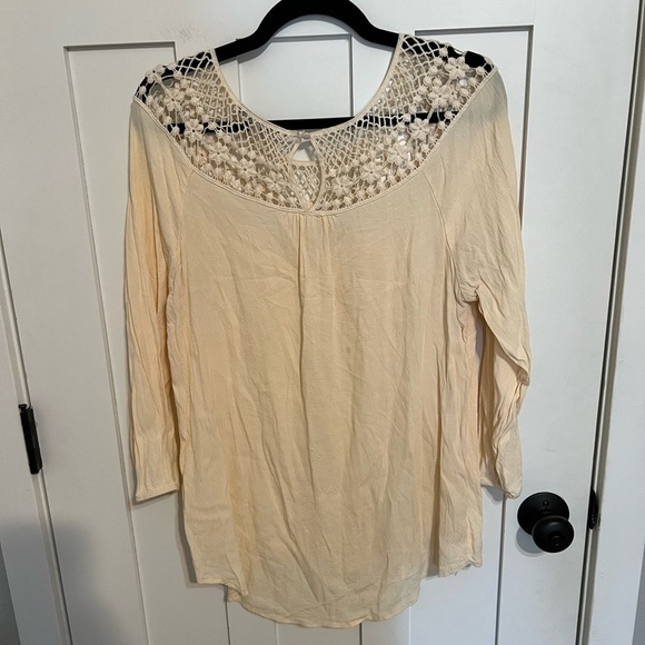 Daniel Rainn Women's Creme Crochet Lace Long Sleeve Boho Pleated Blouse Top L - Picture 2 of 3